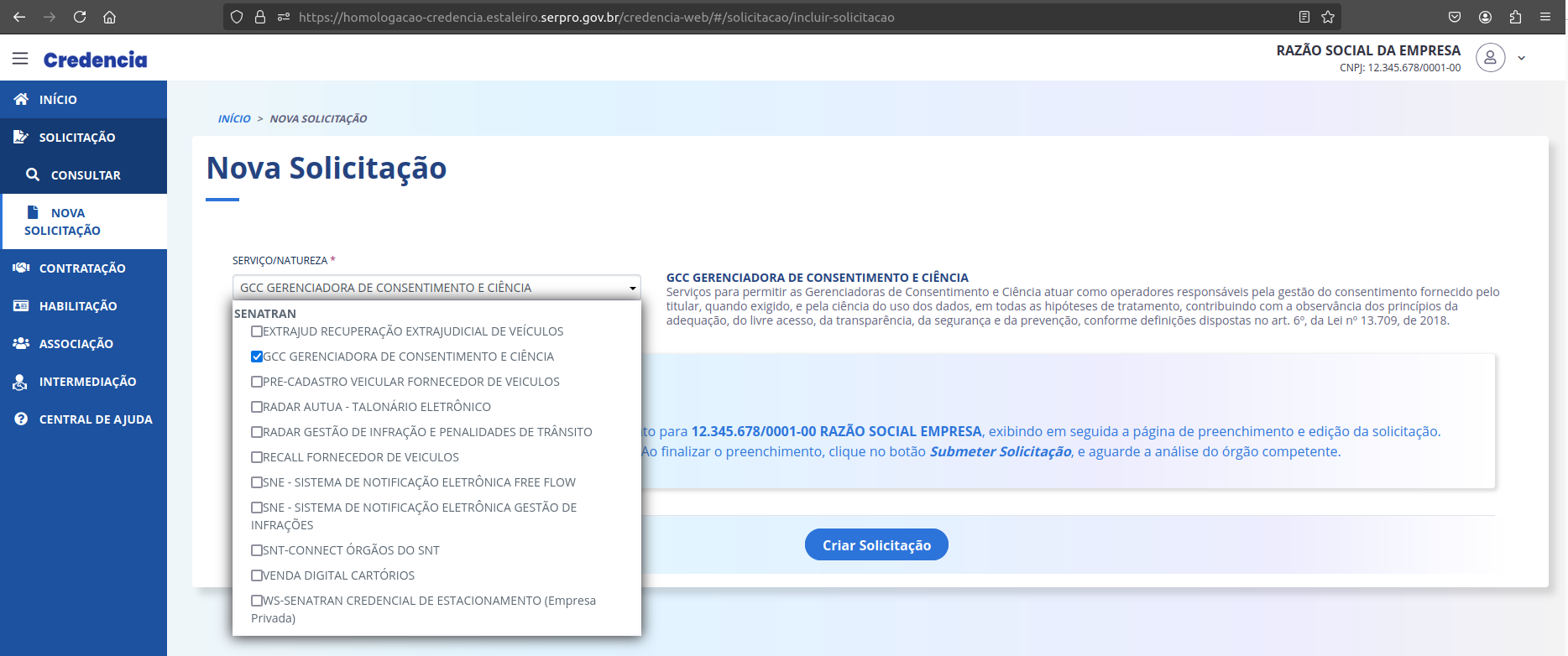 Tela inicial para criar nova solicitação