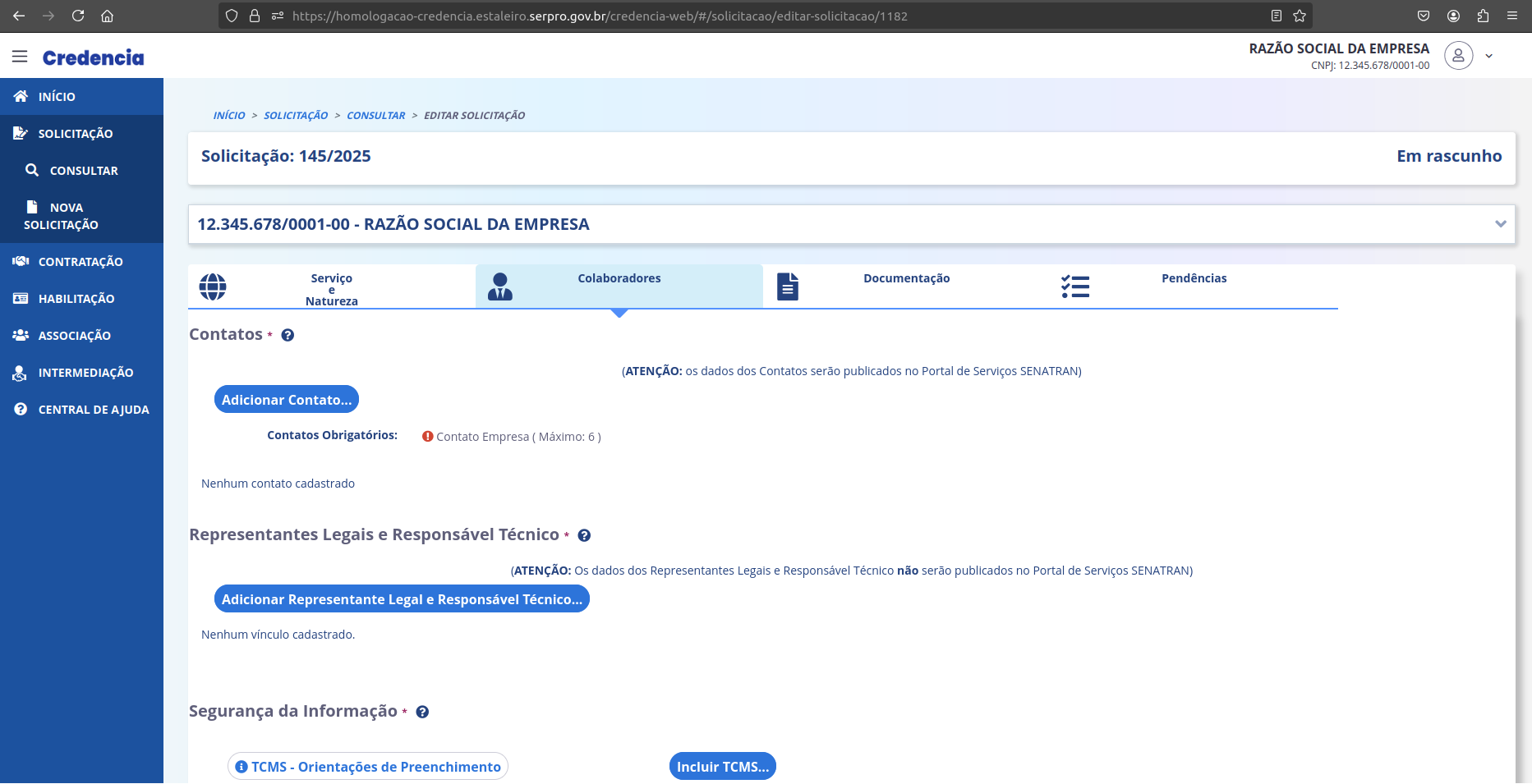 Solicitação em rascunho