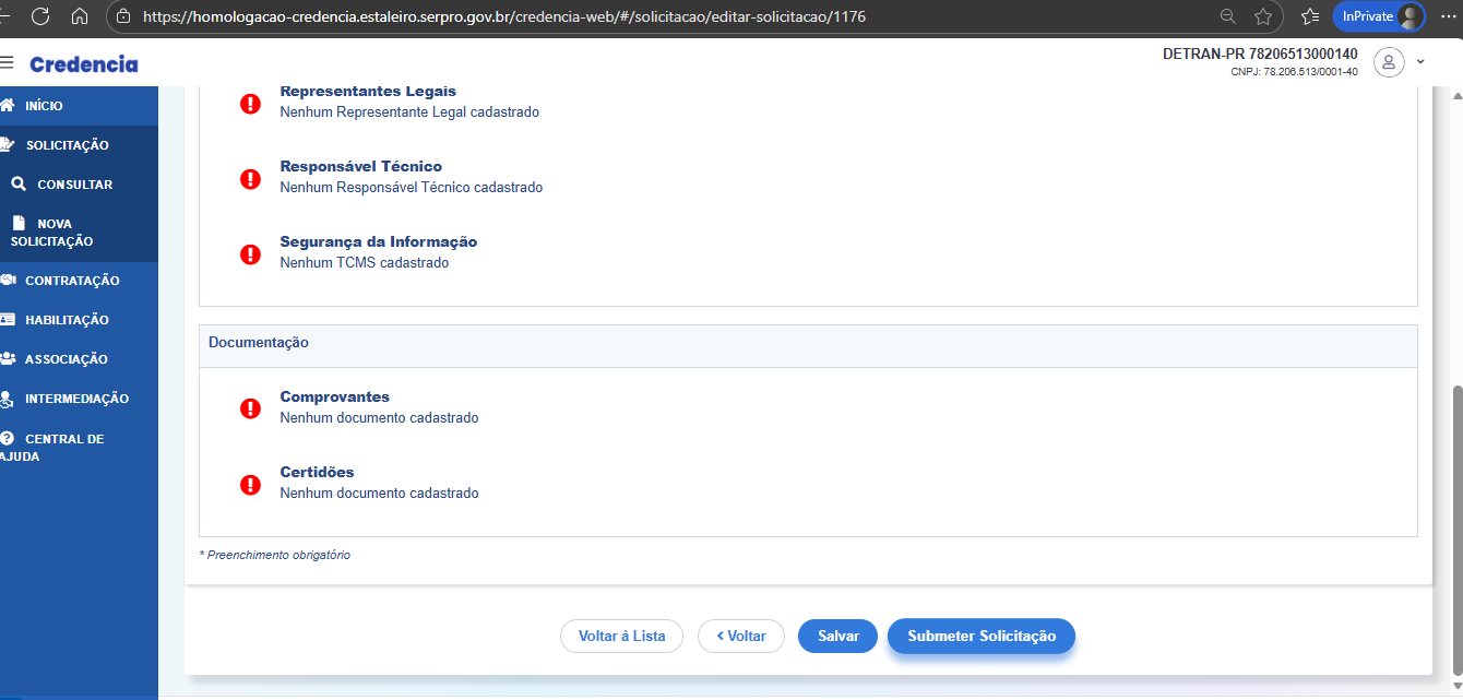 Botão submeter solicitação