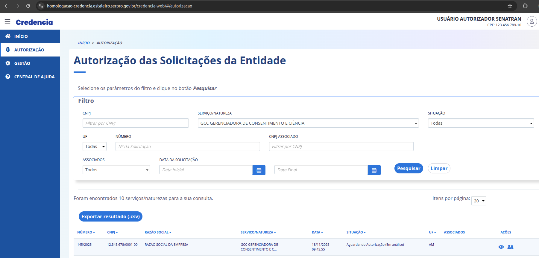 Status aguardando autorização
