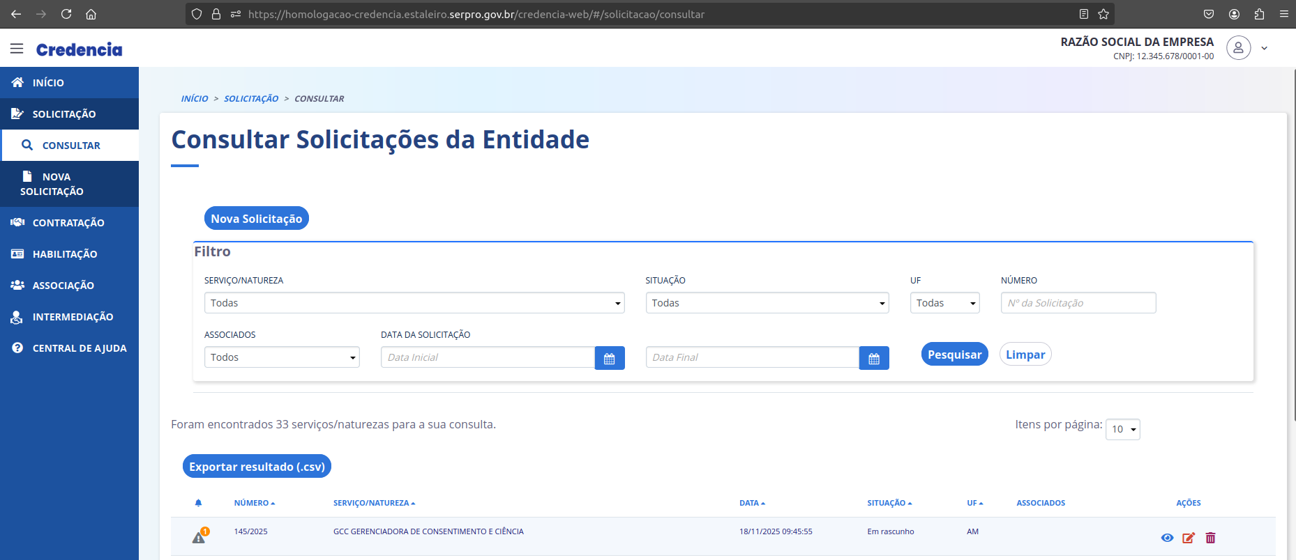 Consulta de solicitações