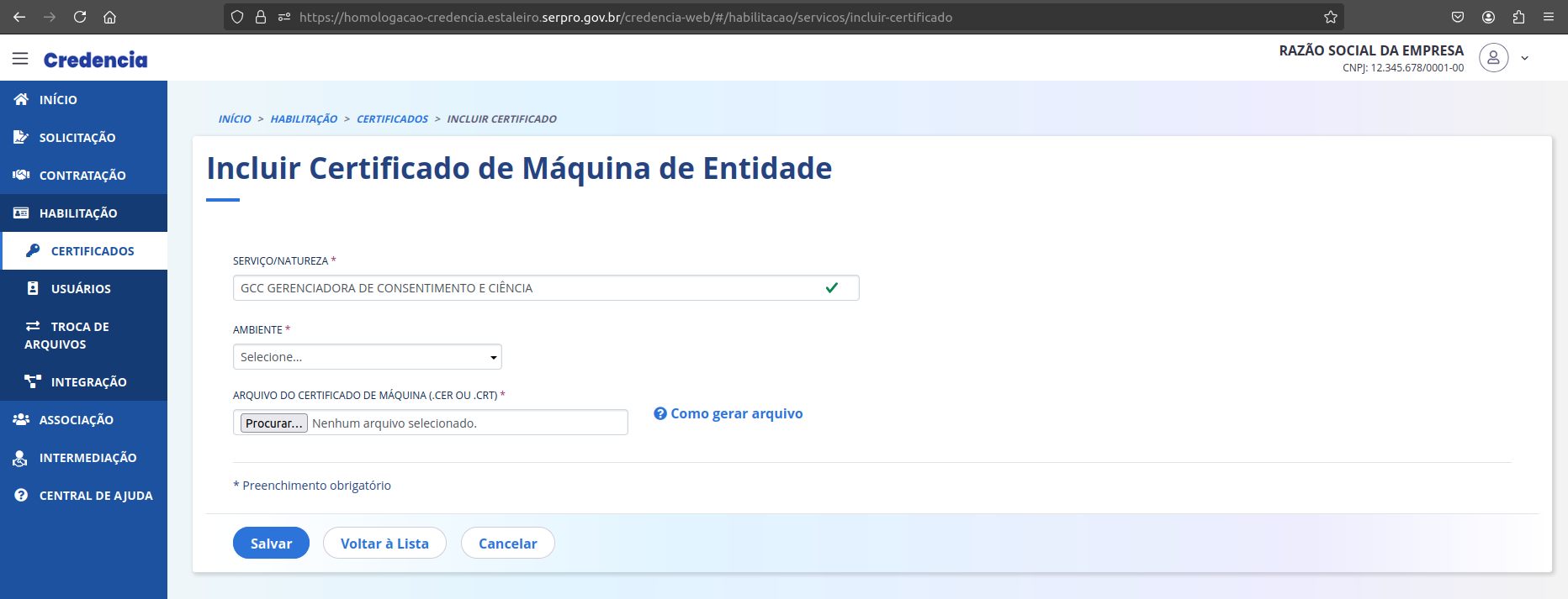 Tela de habilitação de certificado